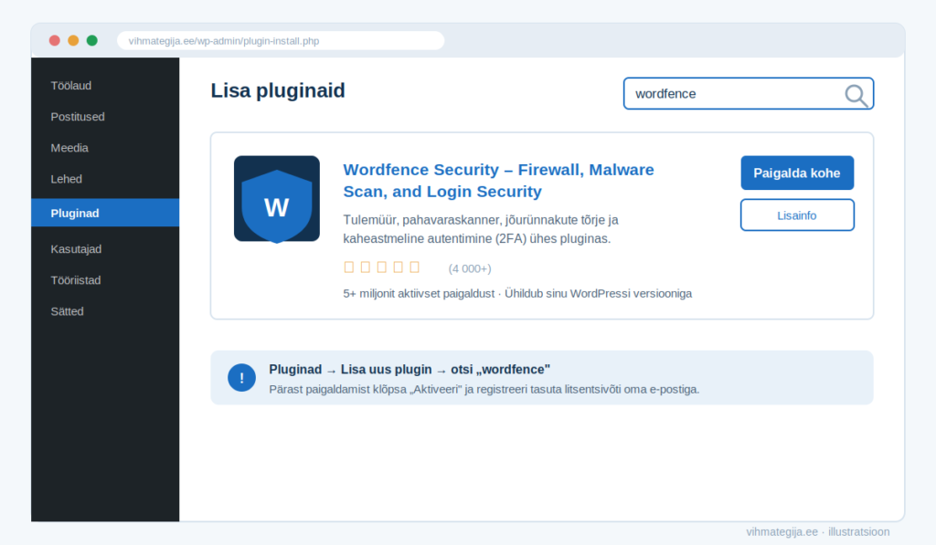 Wordfence Security plugina paigaldamine WordPressi pluginate otsingu kaudu]